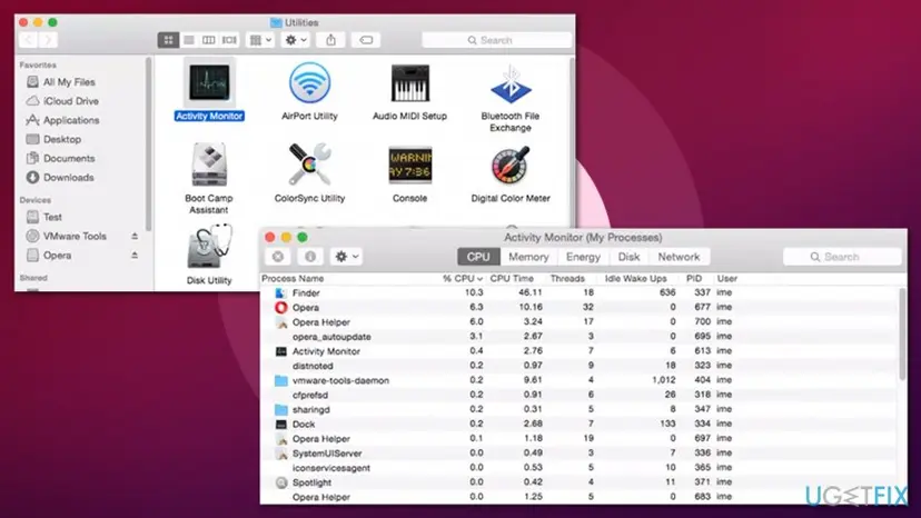 macOS Utilities folder with Activity Monitor selected and the Activity Monitor process list showing Opera, Opera Helper and opera_autoupdate
