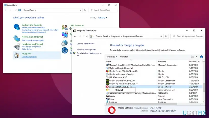 Control Panel Programs and Features with the Opera Stable entry, publisher Opera Software, selected and its right-click Uninstall menu