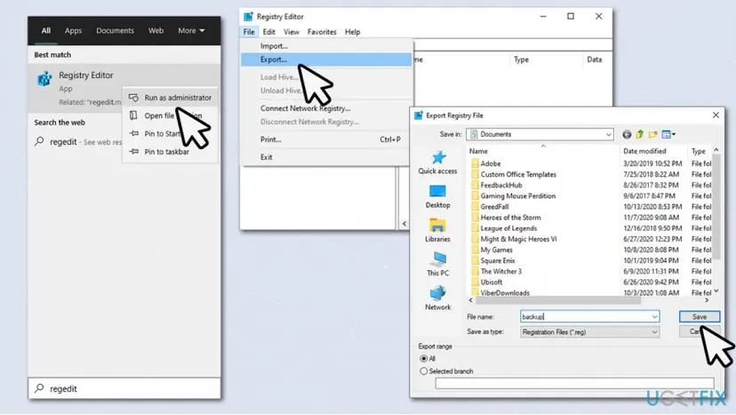 Registry Editor with the Export Registry File dialog open, saving a backup copy before removing any keys