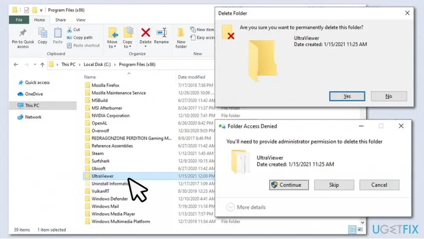 File Explorer confirmation prompts for deleting the UltraViewer folder and giving administrator permission