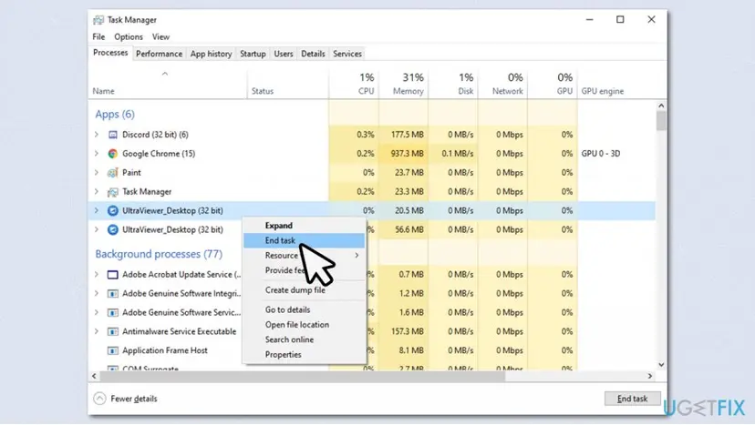 Windows Task Manager with an UltraViewer process selected and the End task command used to stop it