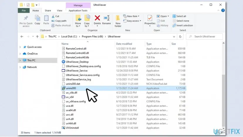 File Explorer showing the UltraViewer program folder with the unins000 application highlighted for starting the uninstall