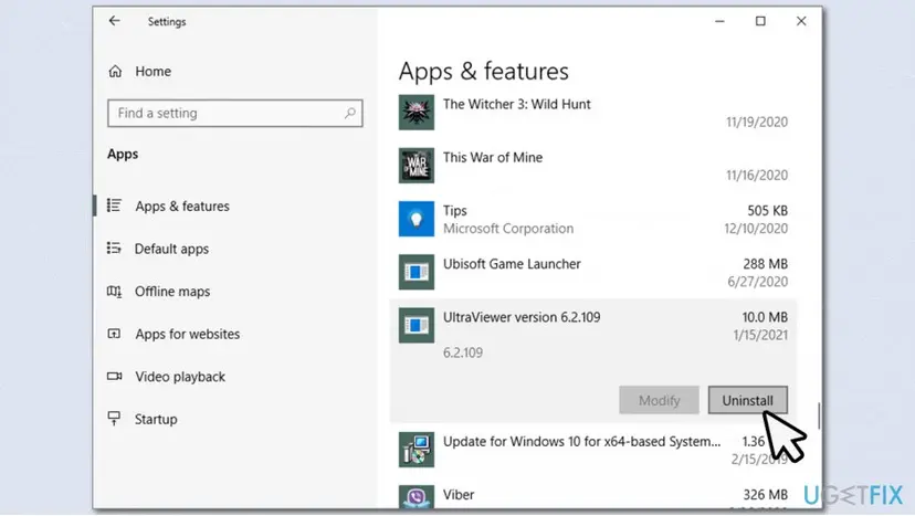 Apps and features list in Windows 10 Settings with UltraViewer selected and the Uninstall button highlighted