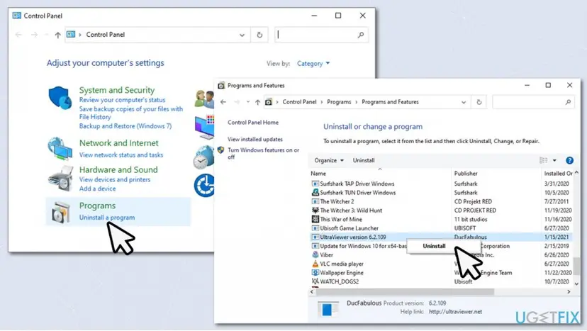 Control Panel Programs and Features window with UltraViewer selected and the Uninstall command used to remove it