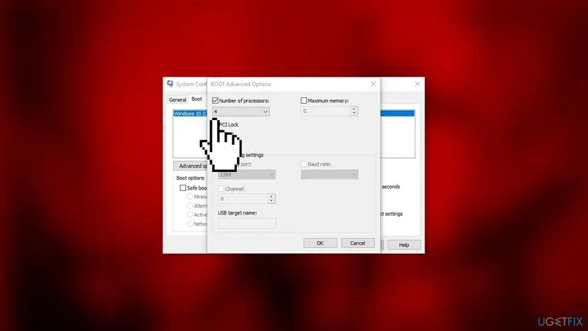 System Configuration BOOT Advanced Options window with the Number of processors check box selected and 4 chosen in the list