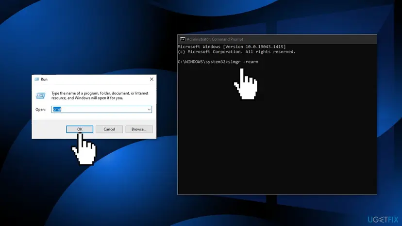 Run box with cmd typed and an Administrator Command Prompt window with the slmgr -rearm command entered