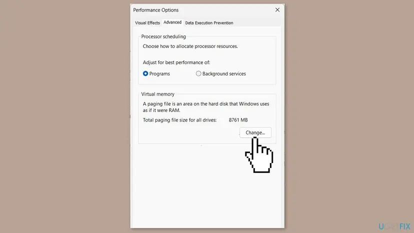 Windows 11 Performance Options window on the Advanced tab with the Virtual memory section and the Change button to set the paging file size