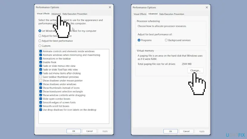 Performance Options window with the Advanced tab open, the Virtual memory section showing the total paging file size and the Change button