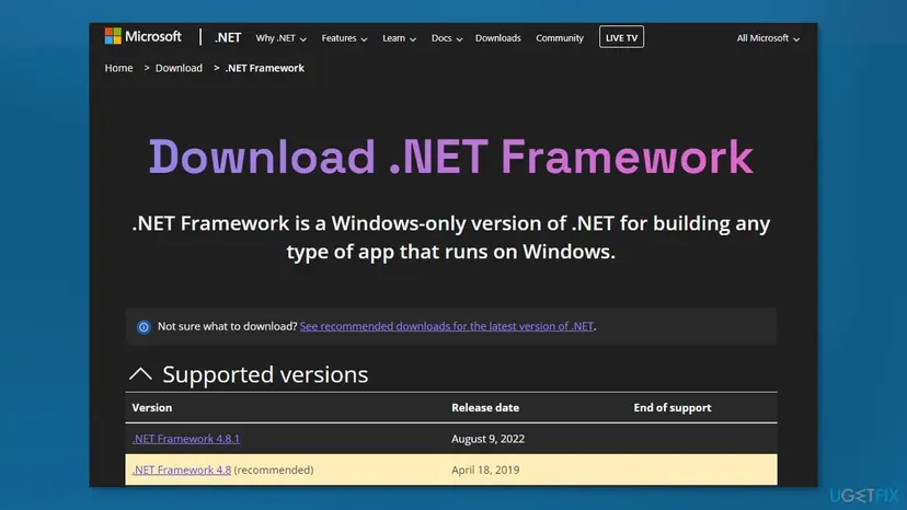 Microsoft's Download .NET Framework page with the Supported versions table listing .NET Framework 4.8.1 and 4.8 (recommended) and their release dates