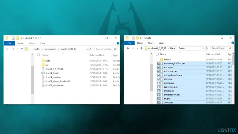 Two File Explorer windows: an extracted SKSE64 archive with the Data folder, loader and DLL files, and its Data Scripts folder with the pex files selected