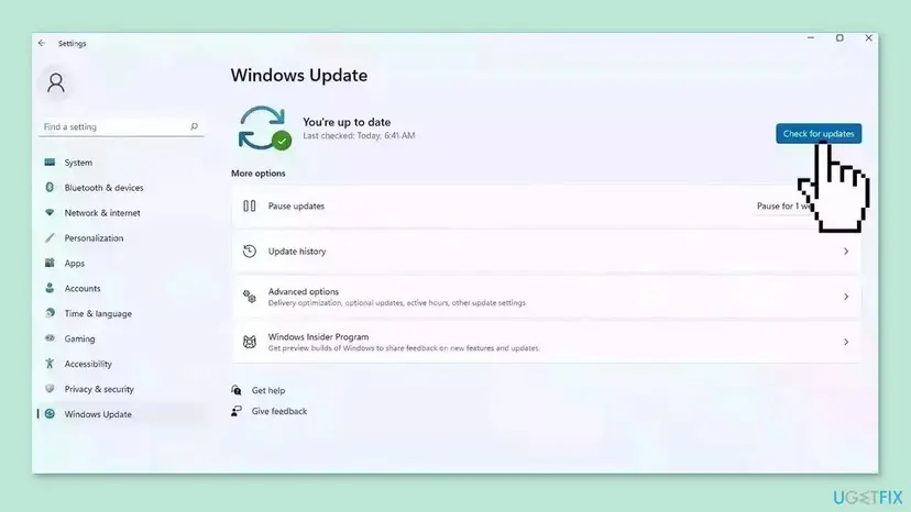 Windows Update Settings window with Check for updates highlighted