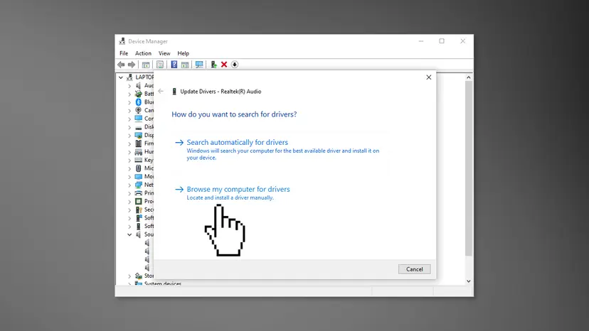Update Drivers window for Realtek(R) Audio in Device Manager with the Browse my computer for drivers option selected