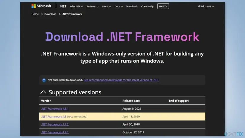 Microsoft's Download .NET Framework page listing supported versions with .NET Framework 4.8 marked as recommended