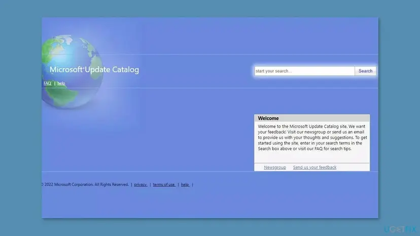 Microsoft Update Catalog home page with the search box where you type the KB number of the failed update