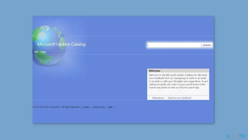 Microsoft Update Catalog start page with the search box at the top right where you type the KB number of the failed update