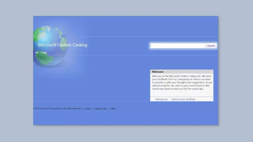Microsoft Update Catalog start page in a browser with the search box at the top right where you type the KB number