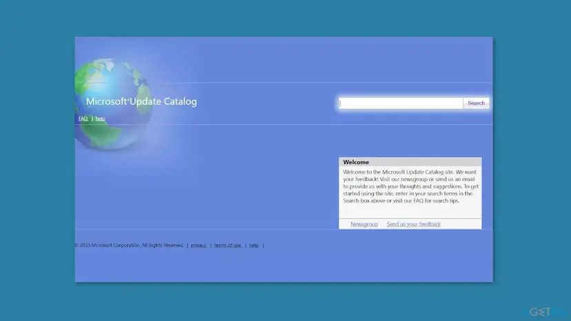 Microsoft Update Catalog start page with the Microsoft Update Catalog title, an empty search box with a Search button and a Welcome panel