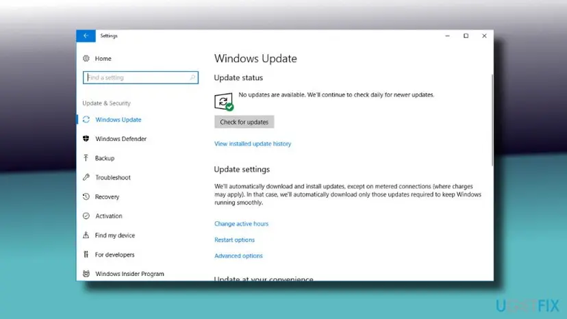 Windows 10 Settings Windows Update page with the Check for updates button and the status of pending updates