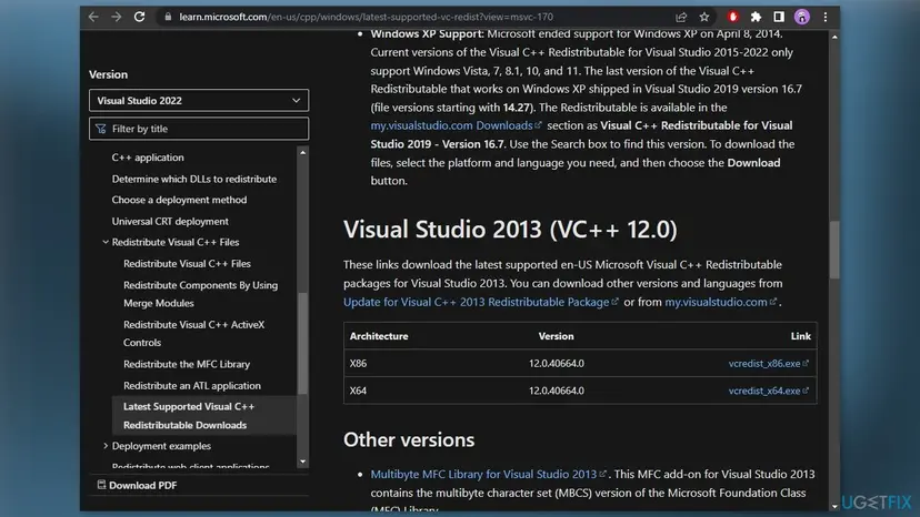 Microsoft Learn page Latest supported Visual C++ Redistributable downloads at the Visual Studio 2013 VC++ 12.0 section with vcredist_x86.exe and vcredist_x64.exe links