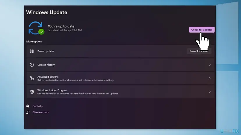 Windows 11 Settings, Windows Update page with You're up to date and the Check for updates button, plus Pause updates and Update history