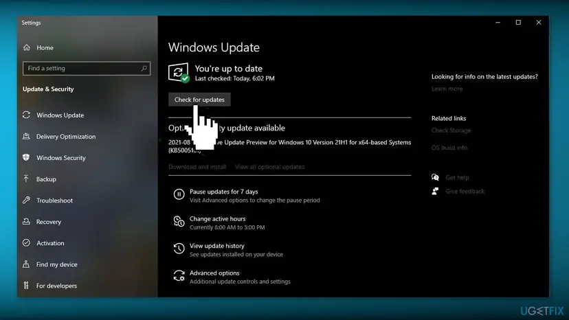 Windows Update settings page with the Check for updates button, where pending updates are installed before the game is started again