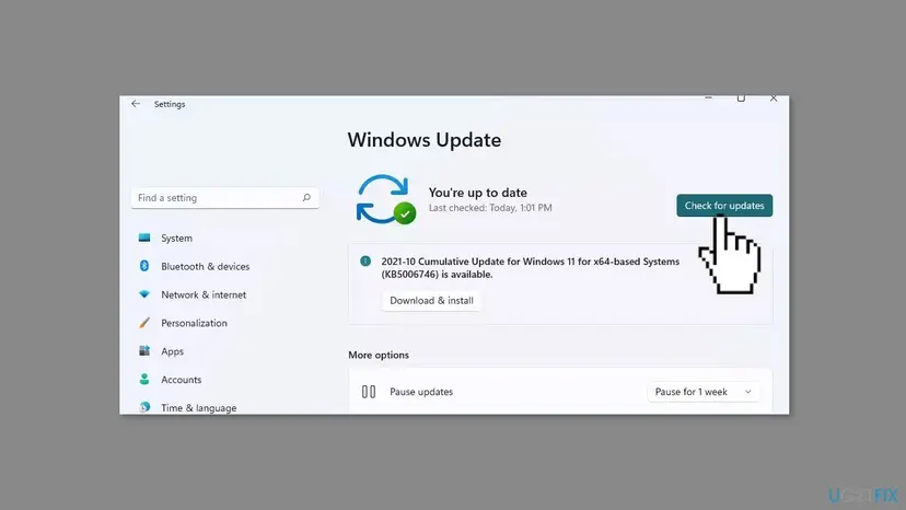 Windows Settings on the Windows Update page with the Check for updates button and updates listed for download and install