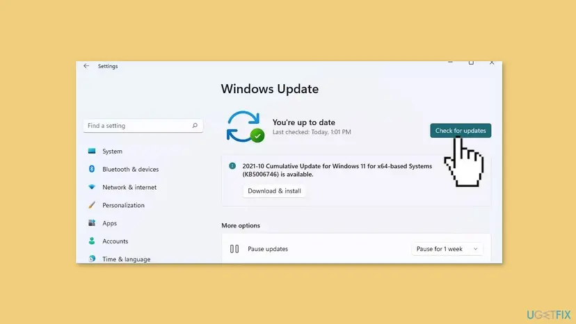 Windows 11 Settings on the Windows Update page with the Check for updates button and a cumulative update offered for download