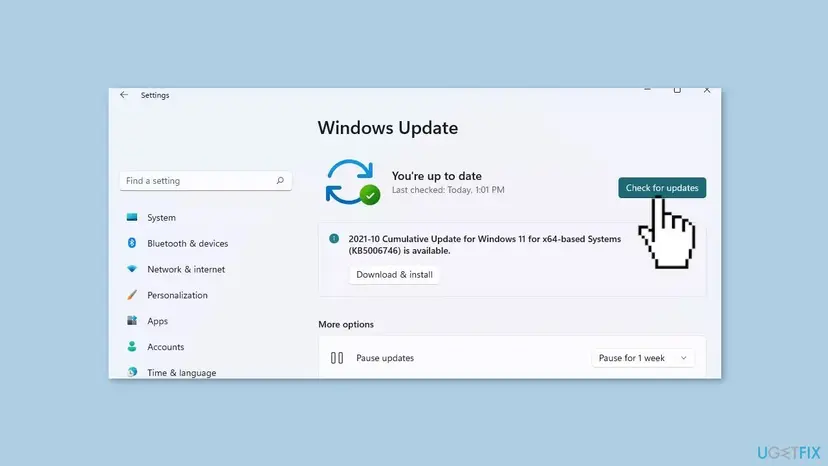 Windows 11 Settings, Windows Update page with the Check for updates button and a cumulative update offered for download