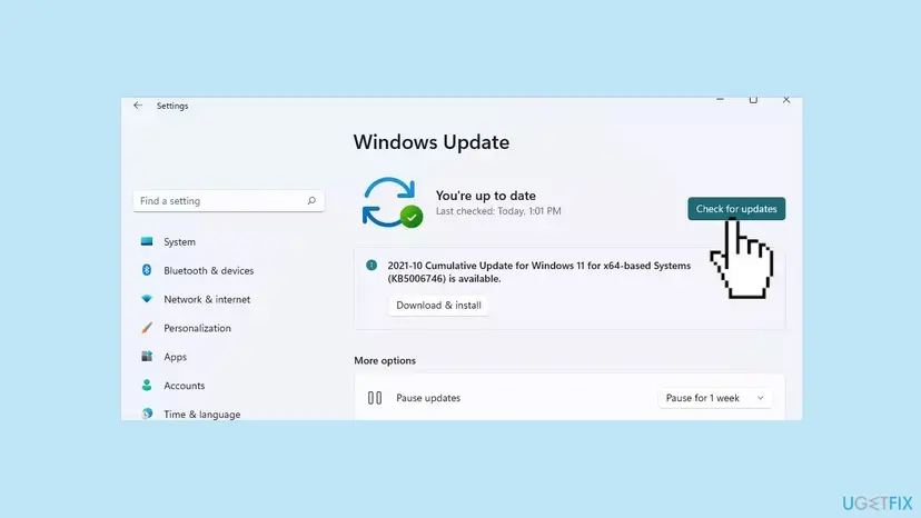 Windows 11 Settings on the Windows Update page with the Check for updates button and a cumulative update offered for download and install