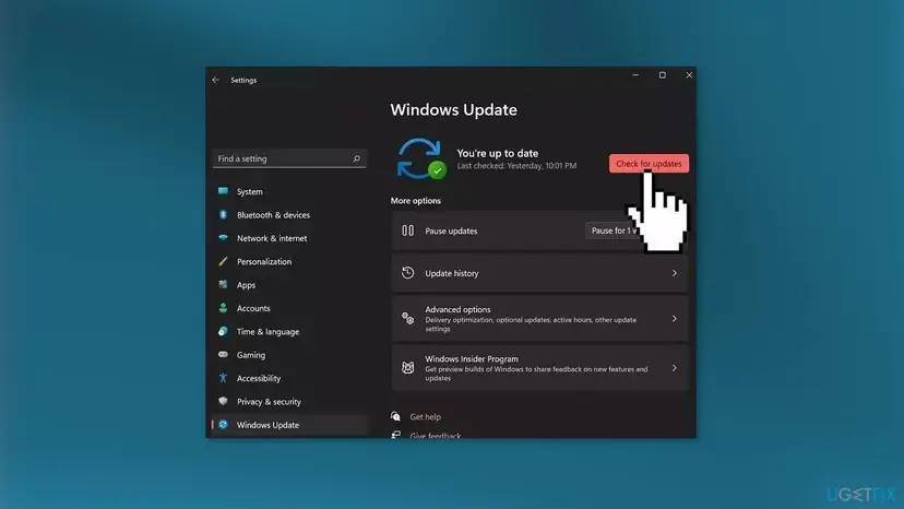 Windows 11 Settings on the Windows Update page with the Check for updates button highlighted, used to install the latest updates before checking Event 86 again