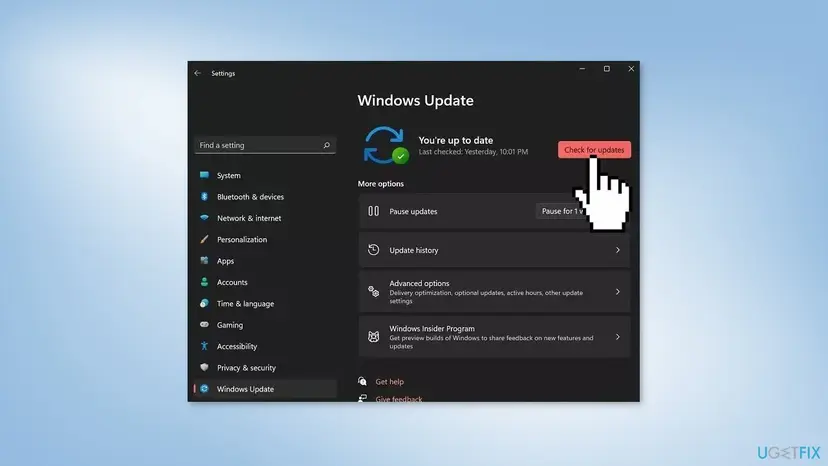 Windows 11 Settings, Windows Update page with the Check for updates button and the message You're up to date