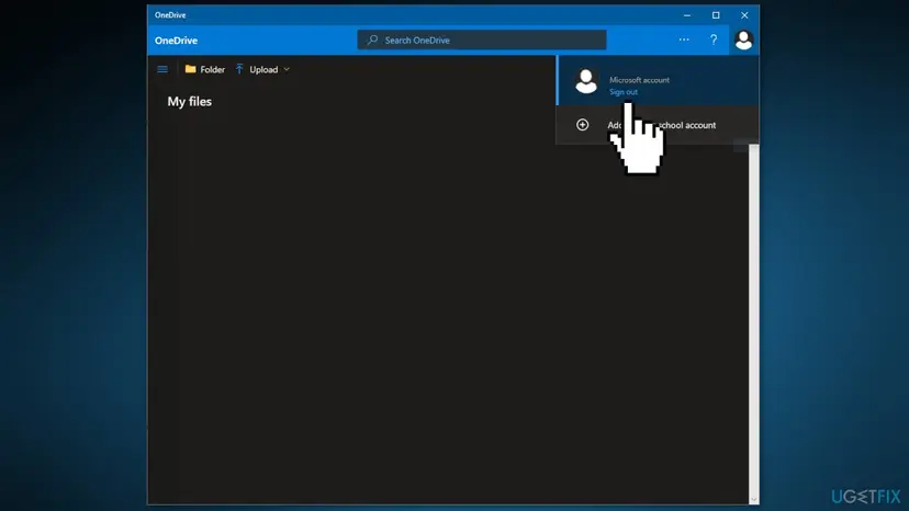 OneDrive window with the account menu open and the Sign out option visible