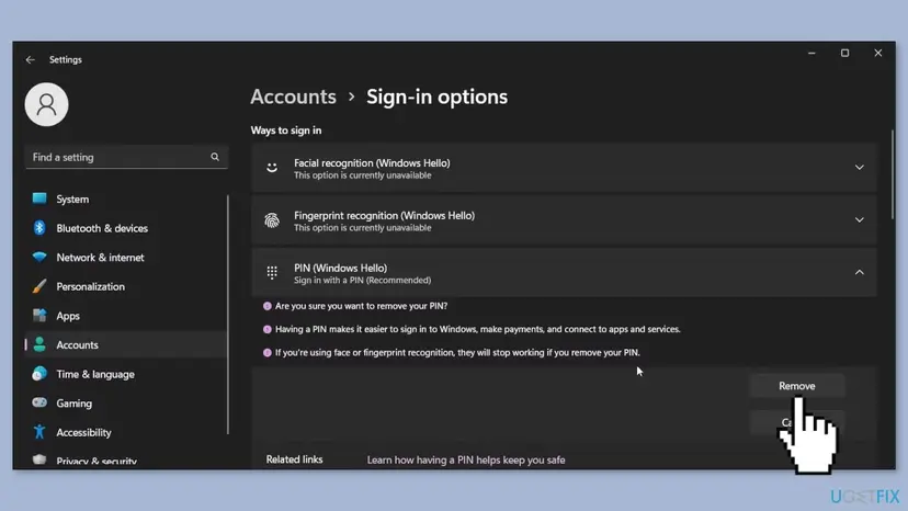 Windows 11 Settings at Accounts, Sign-in options with PIN (Windows Hello) expanded and the Remove button asking whether to remove the PIN