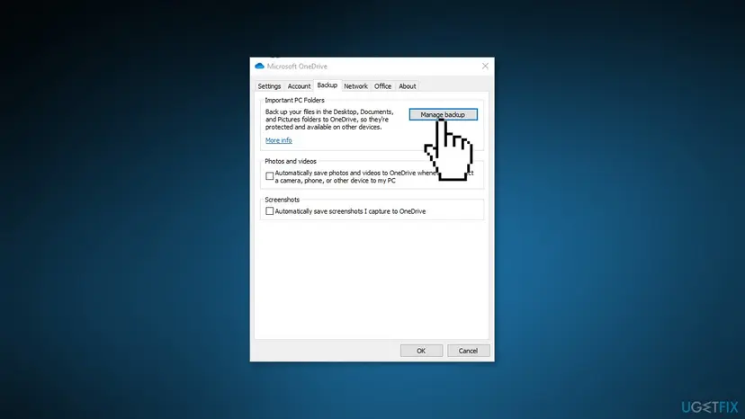 Microsoft OneDrive settings window with the Backup tab open and the Manage backup button