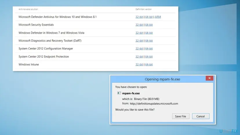 Microsoft's security intelligence download table with 32-bit, 64-bit and ARM links, and a browser dialog opening the mpam-fe.exe file
