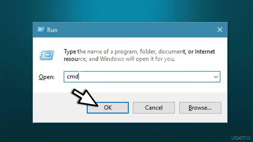 The Windows 10 Run dialog with cmd typed in the Open box and an arrow pointing at the OK button