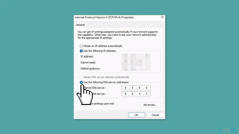 Internet Protocol Version 4 TCP/IPv4 Properties dialog with Use the following DNS server addresses selected and 8.8.8.8 and 8.8.4.4 entered