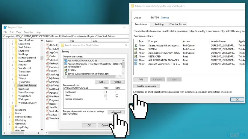 Registry Editor at User Shell Folders with Permissions and Advanced Security Settings showing the replace child permission entries option