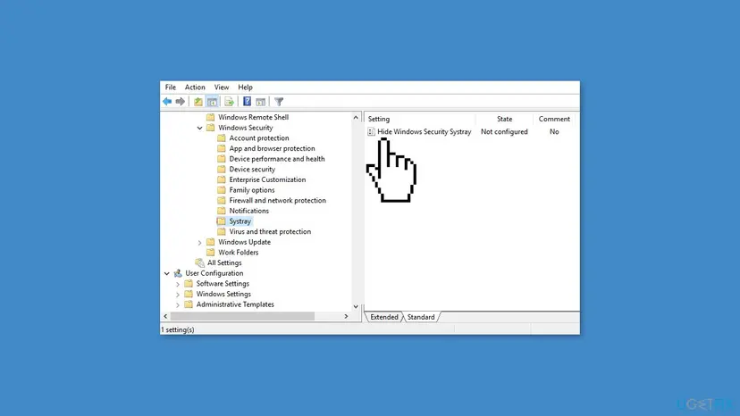 Local Group Policy Editor at Windows Components > Windows Security > Systray, showing the Hide Windows Security Systray policy as Not configured
