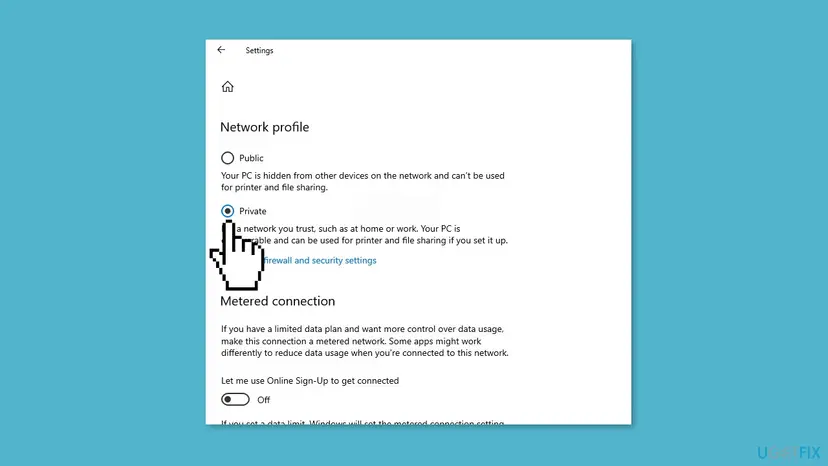 Windows Settings Network profile page with the Private option selected for a trusted home or work network