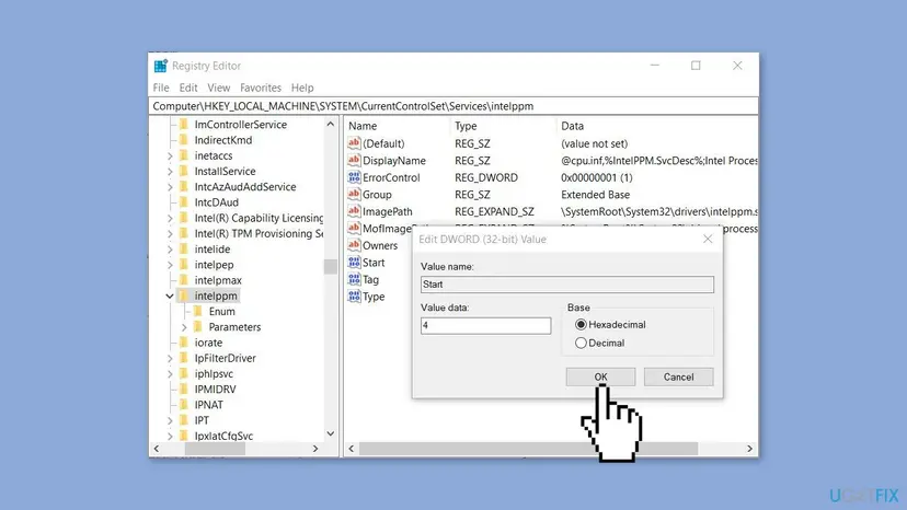 Registry Editor on Windows 10 at HKEY_LOCAL_MACHINE SYSTEM CurrentControlSet Services intelppm with the Start value open and Value data set to 4