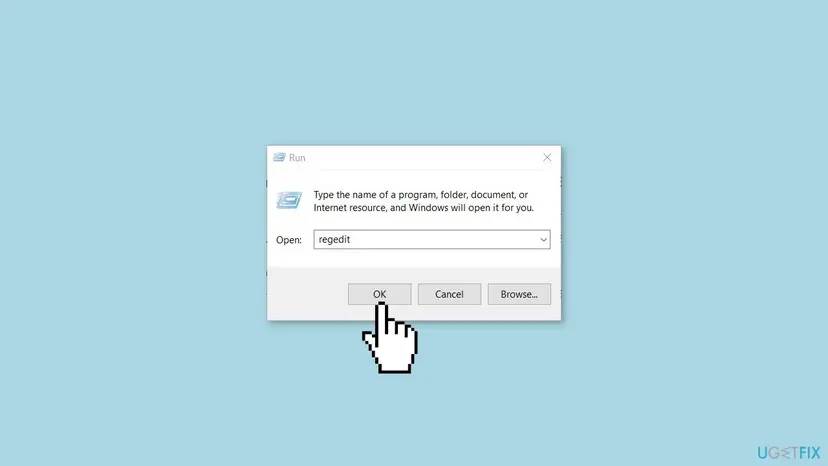 Windows Run dialog with regedit typed in the Open box and the mouse pointer on OK, to open Registry Editor