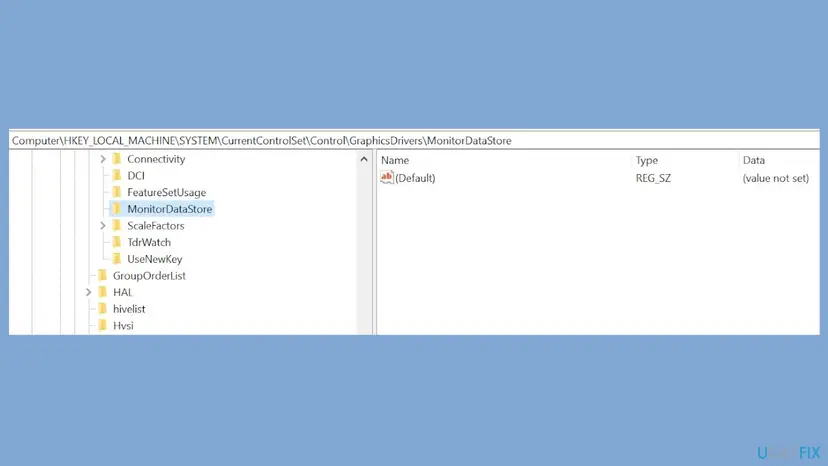 Registry Editor with the address bar showing HKEY_LOCAL_MACHINE SYSTEM CurrentControlSet Control GraphicsDrivers MonitorDataStore selected