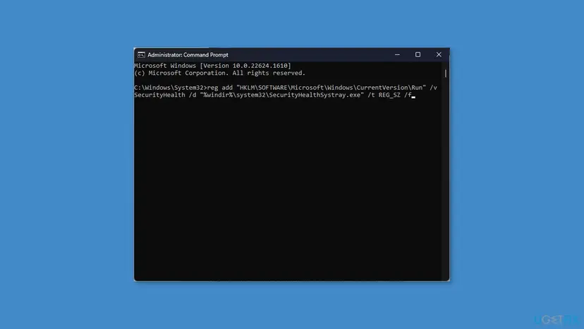 Administrator Command Prompt with the reg add command that restores the SecurityHealth value pointing to SecurityHealthSystray.exe in the Run key