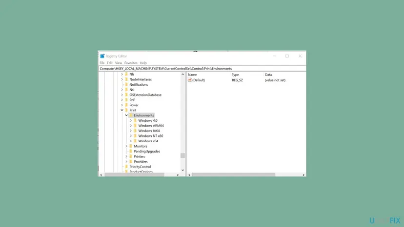 Registry Editor open at HKEY_LOCAL_MACHINE SYSTEM CurrentControlSet Control Print Environments with the Windows 4.0, Windows ARM64, Windows IA64, Windows NT x86 and Windows x64 keys