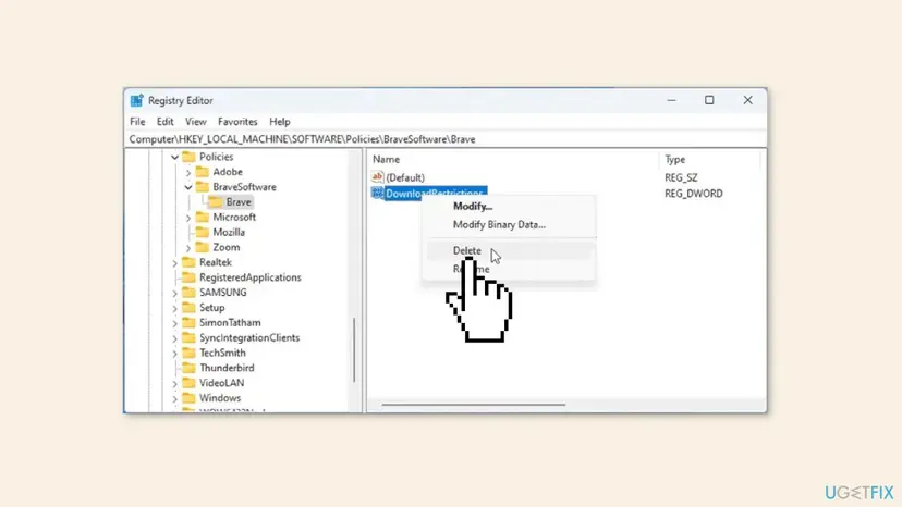 Registry Editor window with context menu open on DownloadRestrictions entry