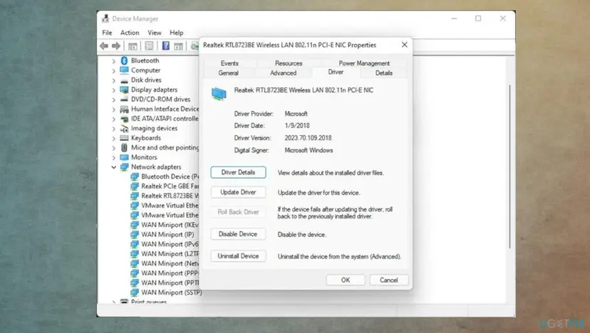 Device Manager in Windows 11 with Network adapters expanded and a wireless adapter's Properties open on the Driver tab, showing Driver Details, Update Driver, Roll Back Driver, Disable Device and Uninstall Device