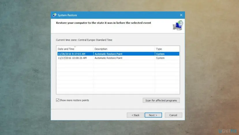 System Restore window listing automatic restore points with date, description and type, with Show more restore points ticked and the Next button