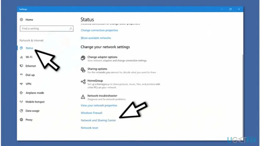 Windows 10 Network and Internet settings Status page with Network and Sharing Center highlighted