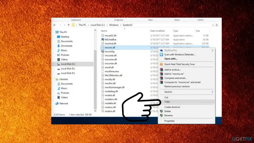 File Explorer open at C:\Windows\System32 with mscms.dll selected and the right-click menu pointing at Copy